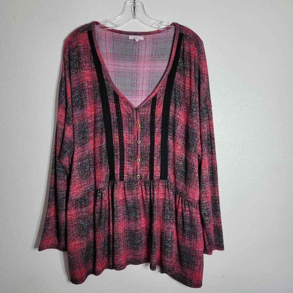 Maurices Red Plaid‎ Peplum Top Plus Size 3X Long Sleeve Soft Stretch Pullover